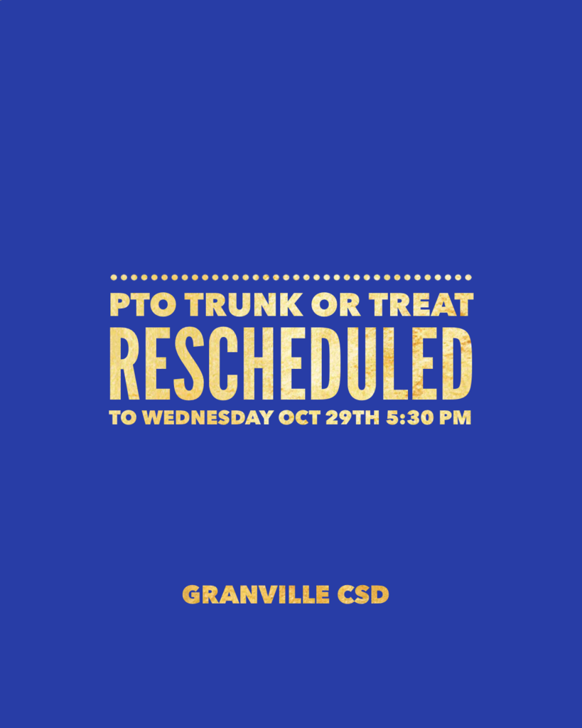 The PTO Trunk or Treat at GES is rescheduled to Wed, Oct 29th 5:30 PM due to rain. 