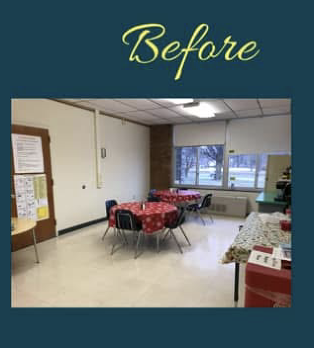 MJT Makeover - The Before - plastic chairs, white walls, red plastic tablecloths