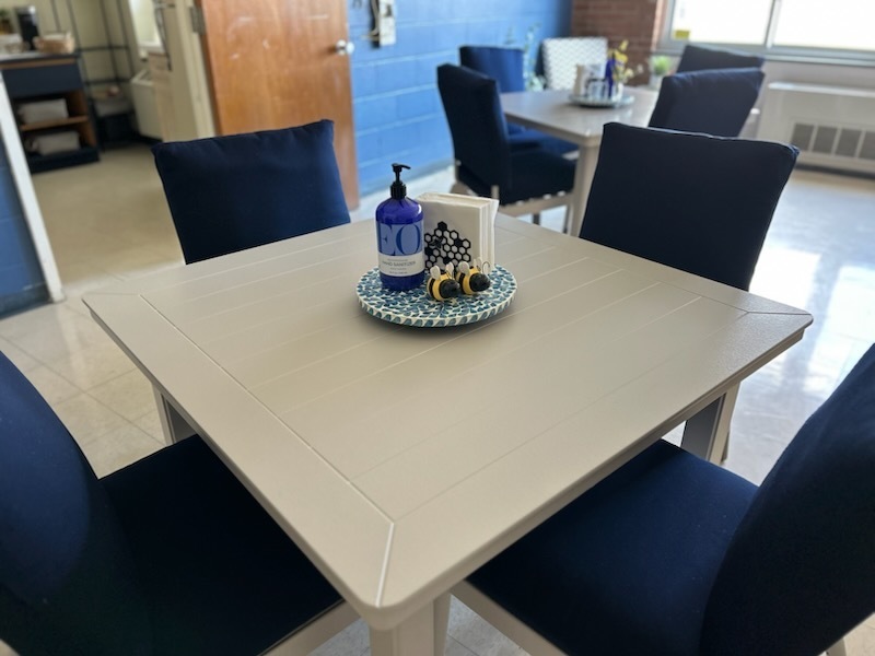 MJT Makeover: Telescope table and comfortable blue chairs with bee decor, napkins and lotion as centerpiece