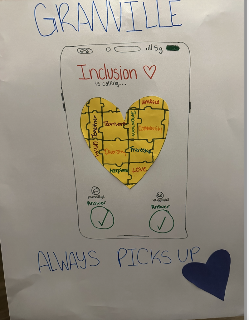 Granville Always Picks Up for Unified Sports Poster - A drawing of a mobile phone with a yellow heart showcasing the meaning of unified sports