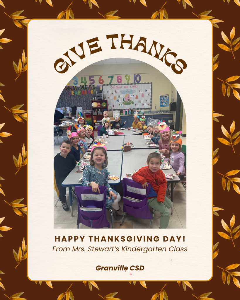 Happy Thanksgiving from Mrs. Stewart's Kindergarten Class! A picture of students at a table with snacks surrounded by a theme of Thanksgiving leaves