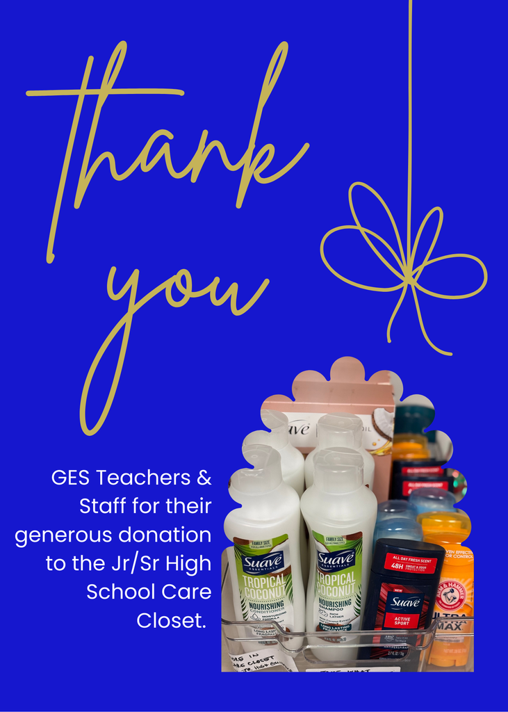 A picture of shampoos, conditioners and deodorants from GES teachers for the Jr/Sr High Care Closet