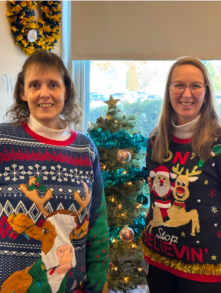 GES Main Office Staff, Mrs. Heath and Principal Ten Eyck in Holiday "Ugly" Sweaters