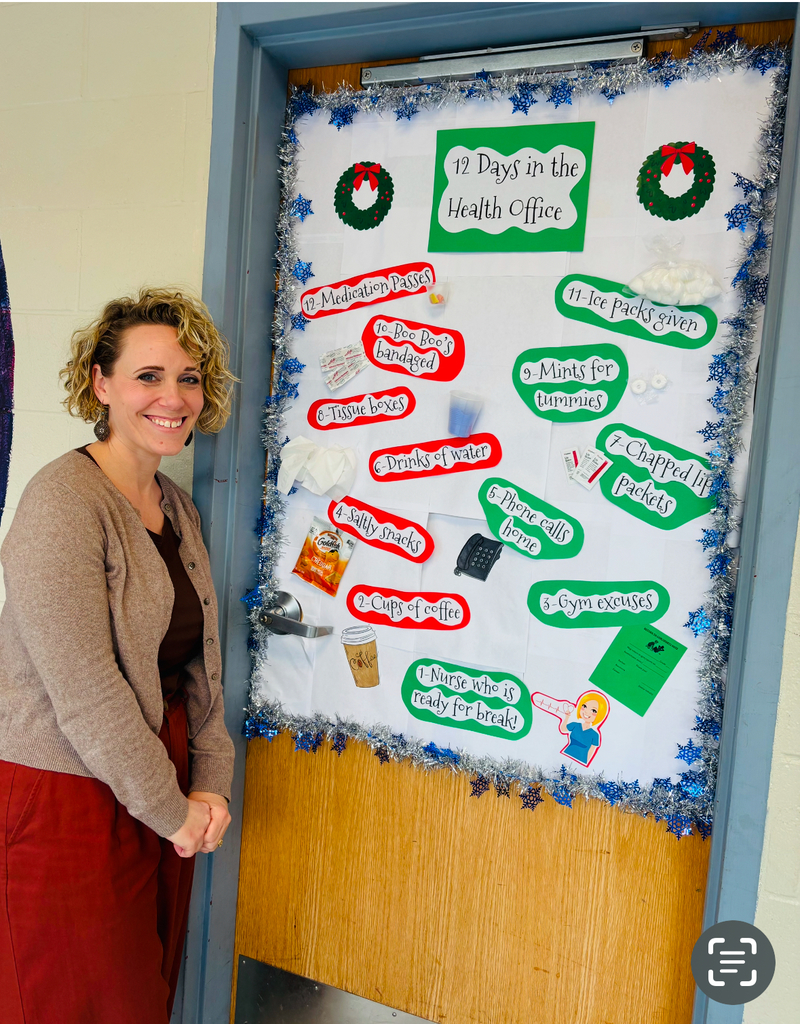 Nurse Hover at the Jr/Sr High with her Holiday Door Decoration Theme of 12 Days in the Health Office