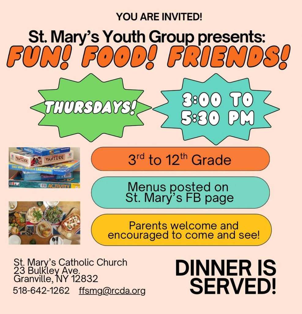 St Mary's Food, Fun and Friends, Free, every Thursday while school is in session 3pm - 5:30pm for GES/JSHS students, 23 Buckley Ave, Granville. Enjoy a meal, get homework help, do board games, hang with friends. After school hang out. 