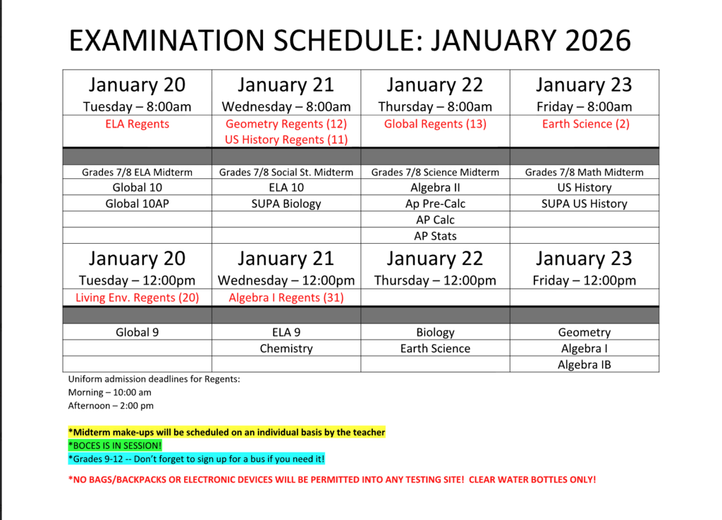 A schedule of January 20 - 23 midterms for grades 7 - 12. Printable from the district calendar here: https://www.granvillecsd.org/events?id=41192068