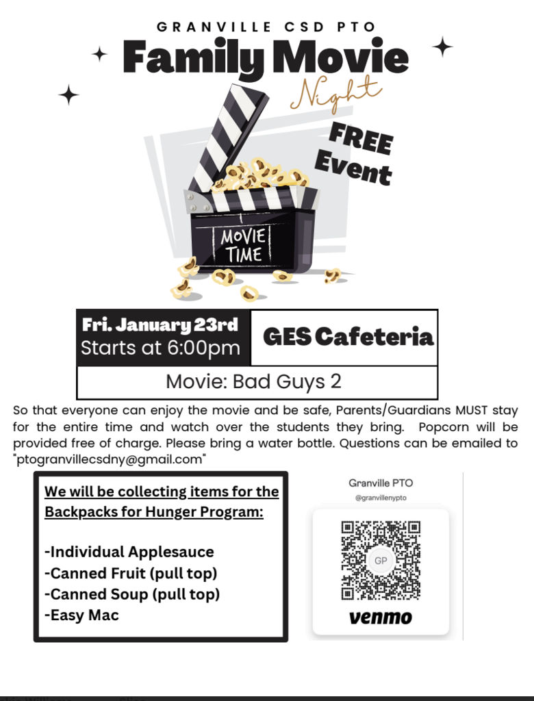 pto movie night flyer - all info in the granvillecsd.org/news as well