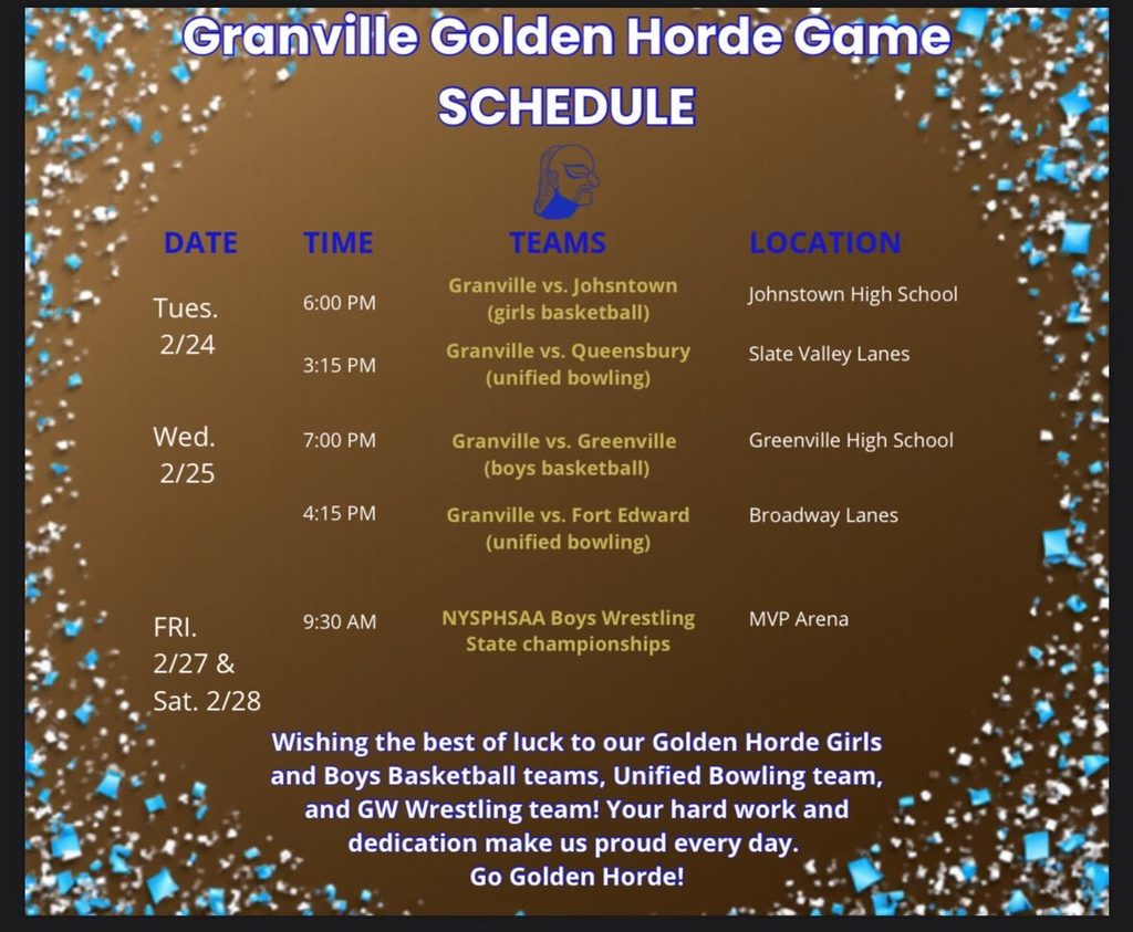 Details of Sectionals and State Championships Schedule are at https://www.granvillecsd.org/article/2674019 or visit GranvilleCSD.org/news for the latest