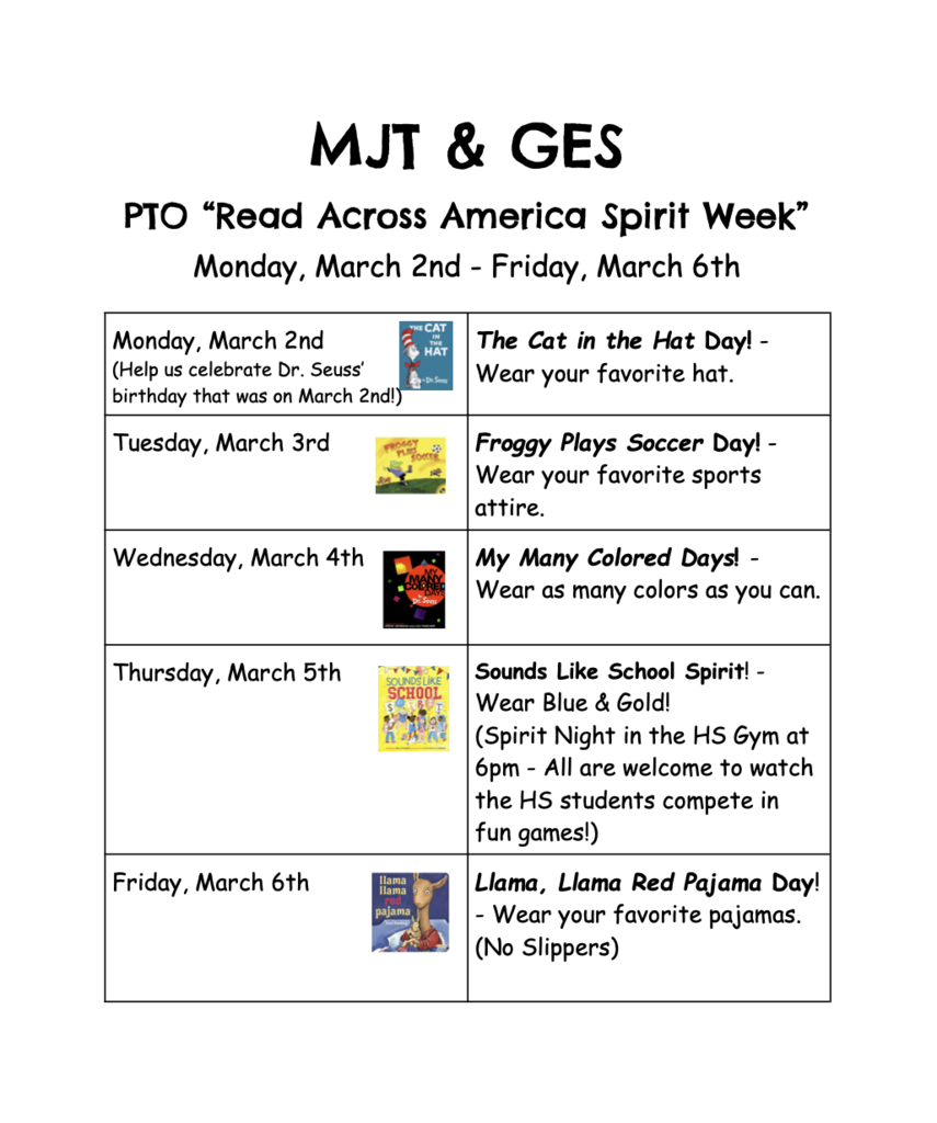 PTO Spirit Week for MJT and GES 3/2 - 3/6