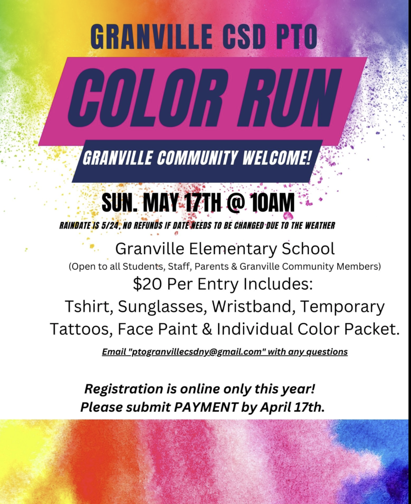 Last week to sign up for the PTO Color Run. The Color Run is Sun, May 17th at 10am at GES. Details are in this link: https://www.granvillecsd.org/events?id=53675752