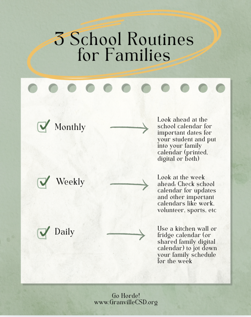 3 school family routines for families - 1) monthly, check the school calendar and add relevant important dates to your calendar. 2) every weekend, check the school calendar for the latest updates, changes and add to your family calendar and 3) create a daily kitchen or fridge calendar with the weekly schedule to reference daily. 