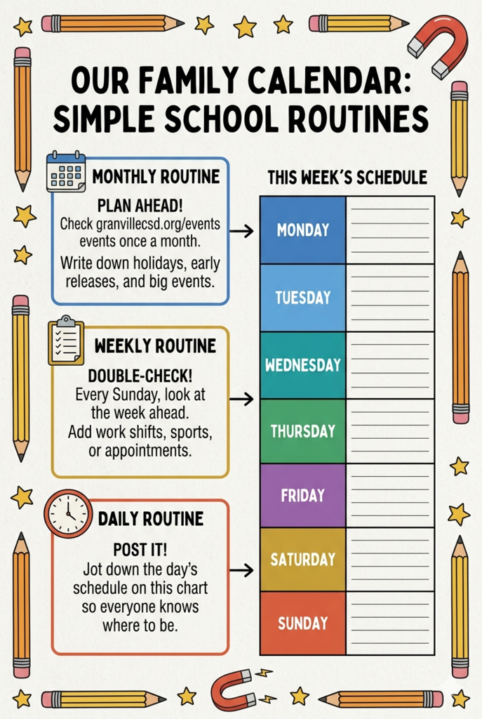 Examples of three simple school routines for families - monthly plan ahead, weekly double check and daily post it to remember it