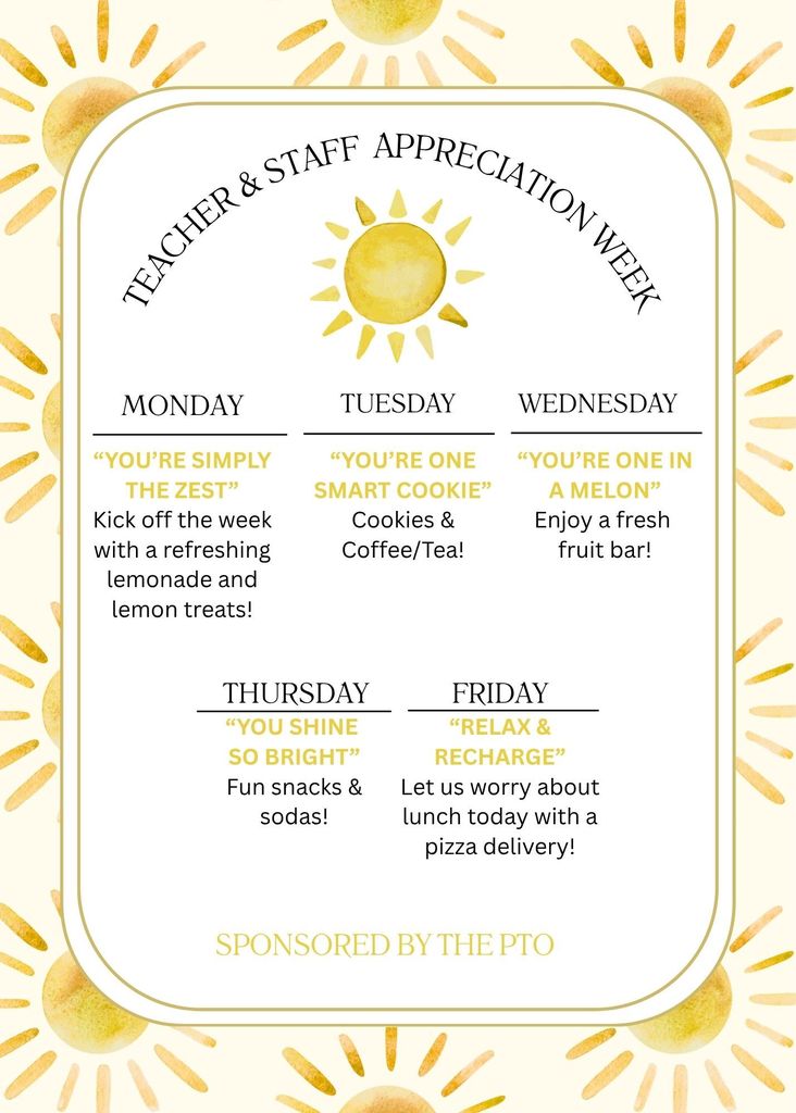 teacher and staff appreciation week schedule from the GCSD PTO
