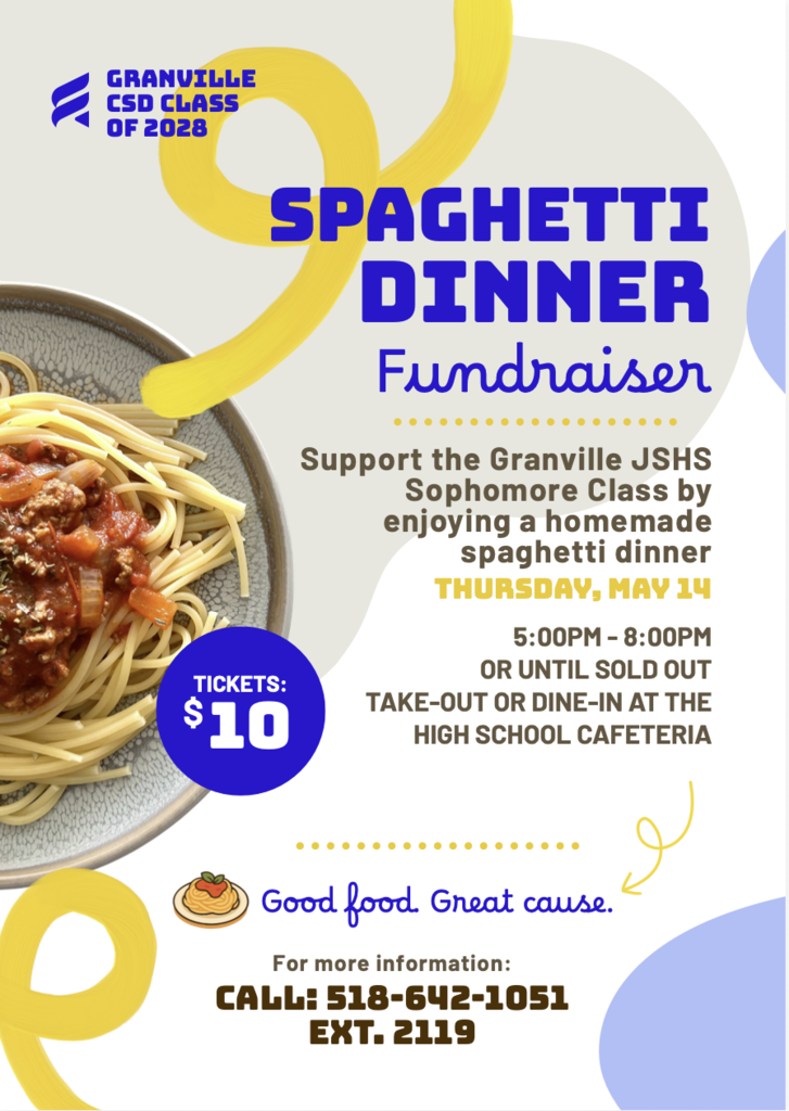 Class of 2028 Spaghetti Dinner is Tonight! Granville Jr/Sr High Cafeteria 5 PM - 8 PM. Eat-in, dine-out, $10 per meal. Homemade meatballs, sauce, spaghetti. 