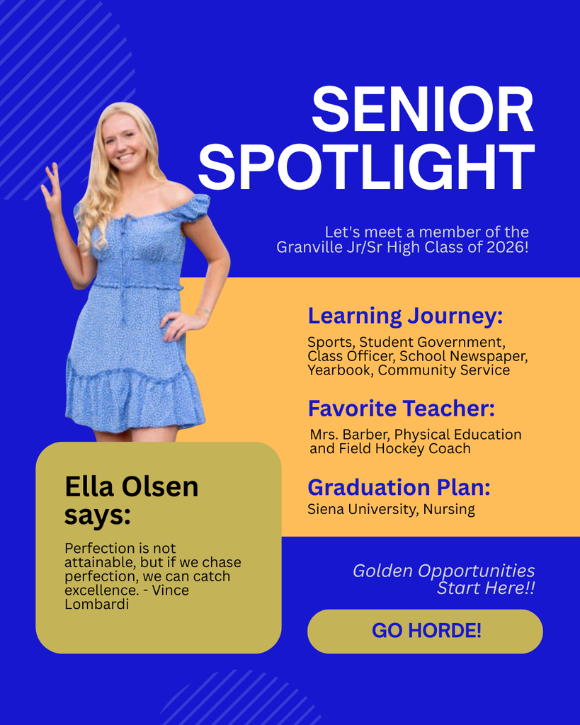 Ella Olsen is heading to Siena University. Her favorite teacher (and coach) is Mrs. Barber, P.E. and Field Hockey Coach