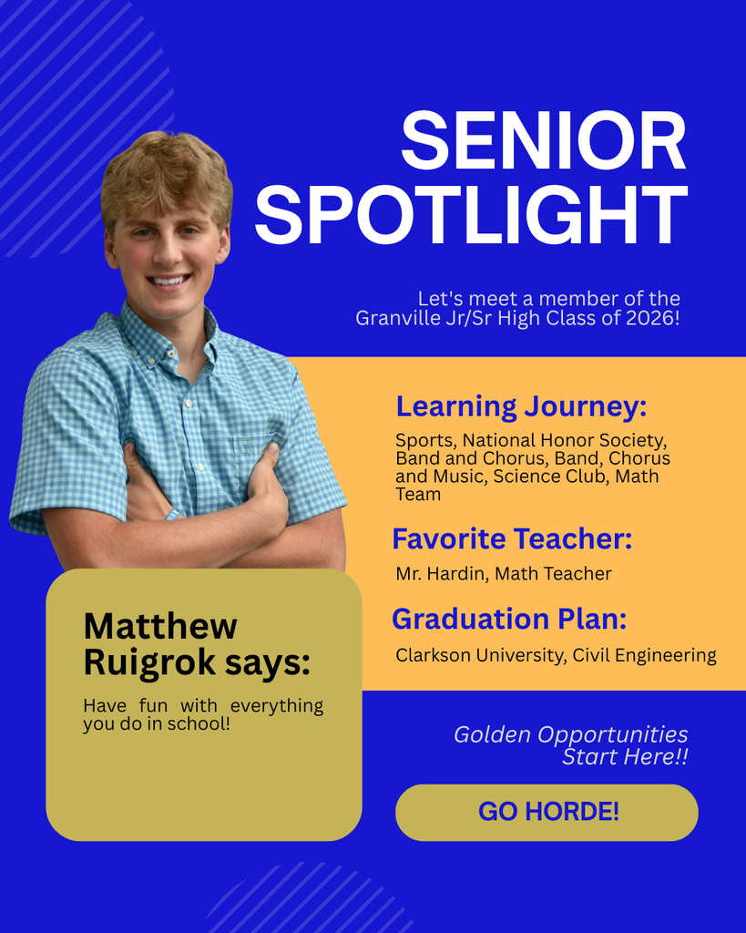 Matthew Ruigrok is heading to Clarkson University! His favorite teacher was Mr. Hardin, Math.