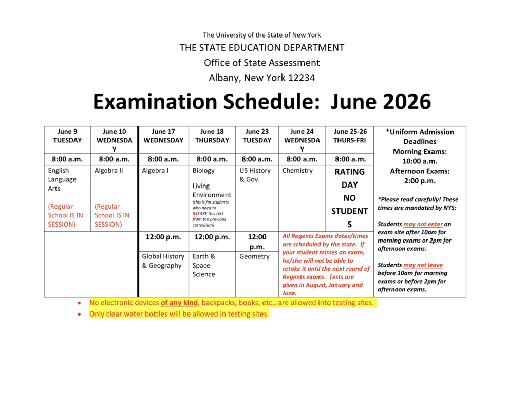 NYS Education Department - Granville Jr/Sr High Final Exams Schedule June 2026 (This is mailed home week of 5/26/26)