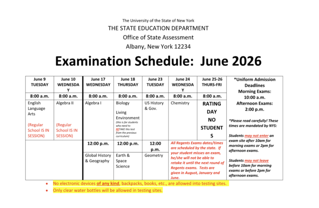 Regents 2026 Schedule for Grades 9 - 12