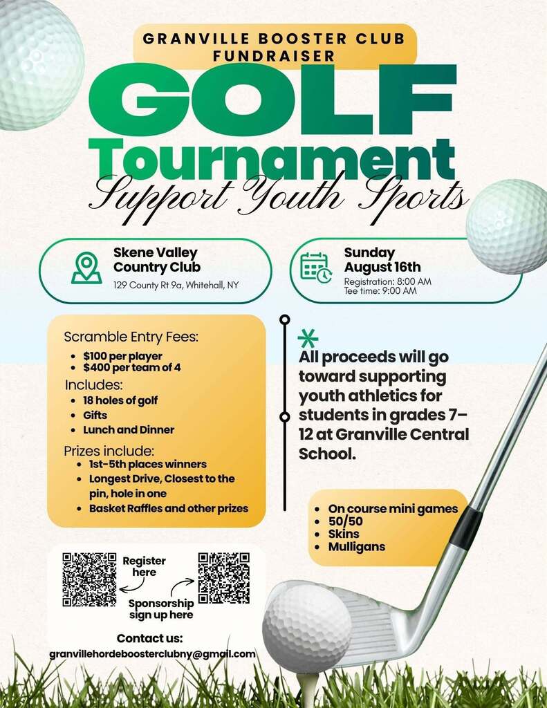 Booster Club Golf Tournament, Sunday August 16th - Email GranvilleHordeBoosterClubNY@gmail.com for details or visit Events for further details