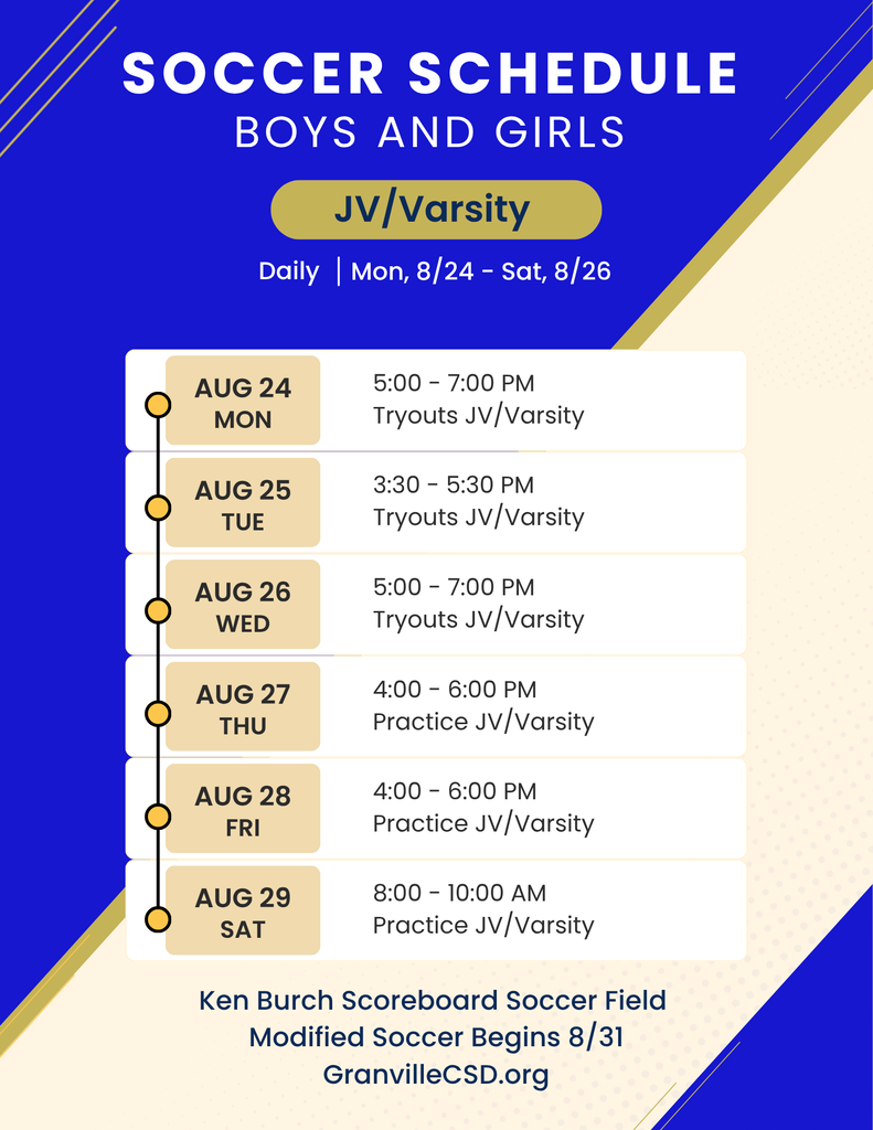 An image of the schedule of soccer tryouts and practices for jv/varsity - Log into Soccer Rooms in the GCSD App for all the details
