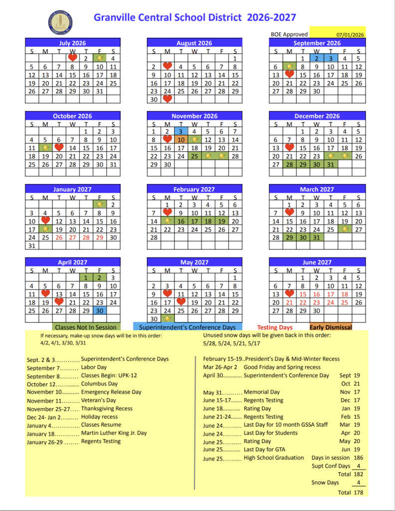 One-sheet Annual At-A-Glance Calendar for Granville CSD - all events are at GranvilleCSD.org/events