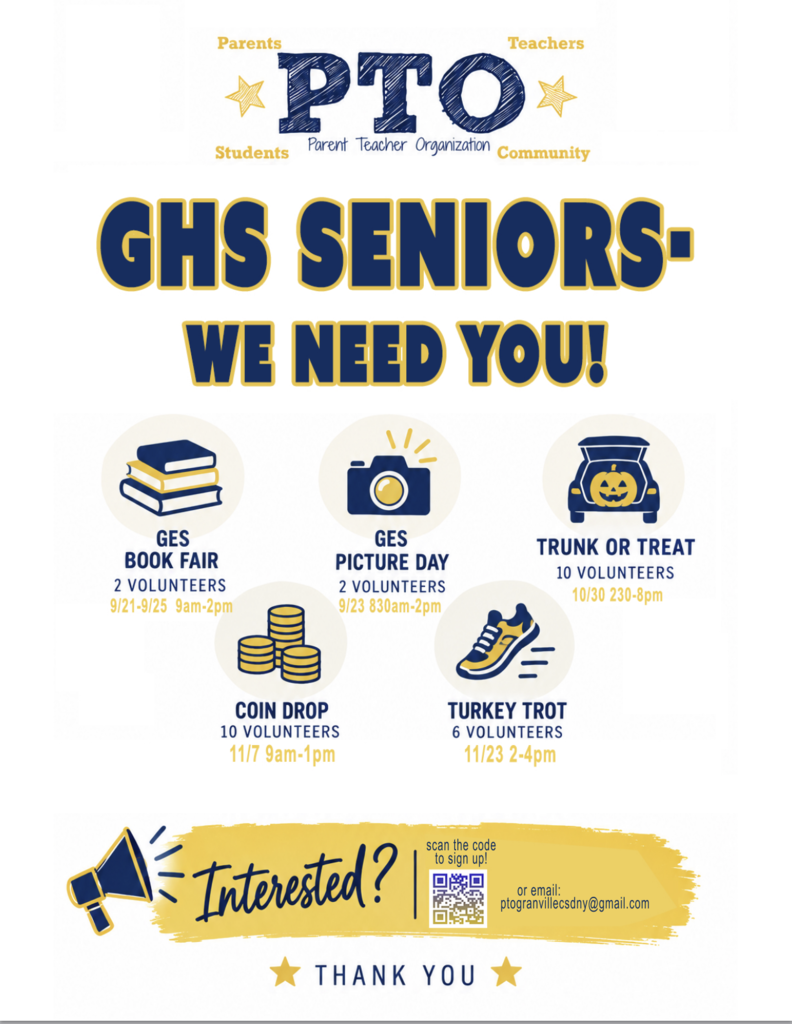 A message from the PTO - Seniors, we need you for volunteer opportunities! With a list of opportunities and QR code to sign up sheet.