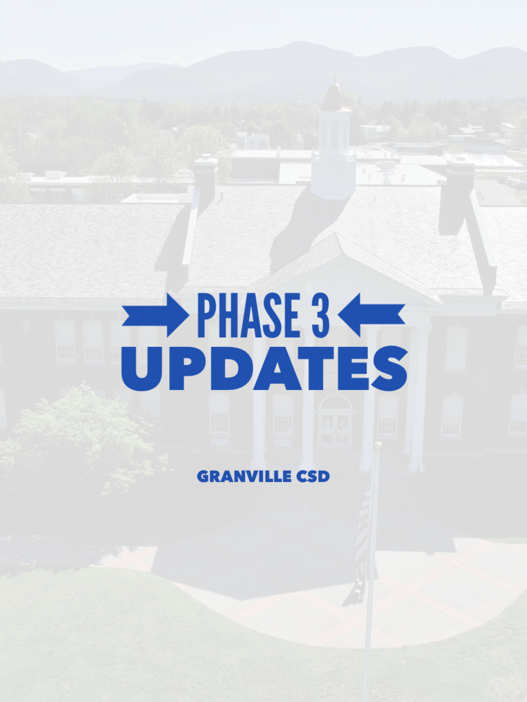 Phase 3 Updates from Granville CSD - Blue font over a blurred image of the Jr/Sr High Front lawn and building