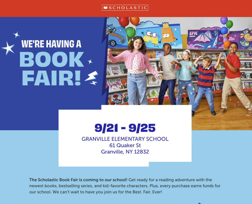 An image of kids playing by shelves of books that reads: We're having a book fair! 9/21 - 9/25 at GES.