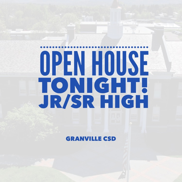 Open House image in blue font and school in background 