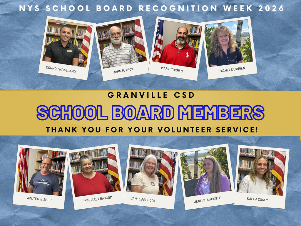 NYS School Board Recognition Week 2026 with pictures of GCS Board Members, their names and "thank you for your volunteer service"