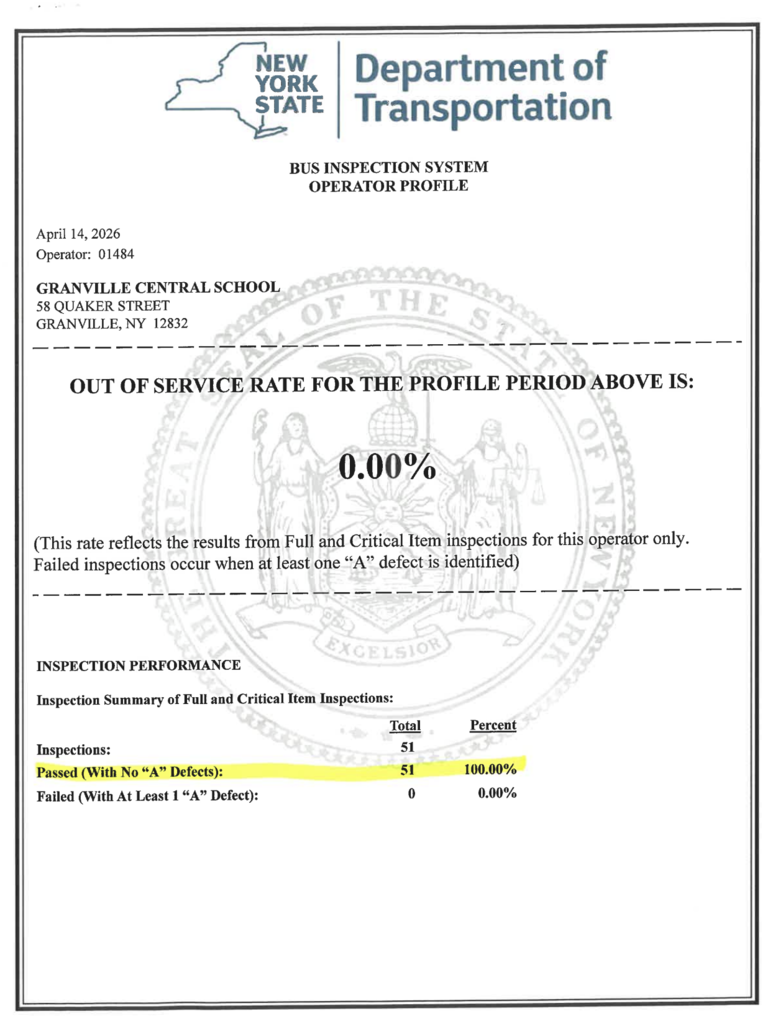 A letter from the NYS Dept of Transportation stating GCS passed with a 100% rating on bus condition. 