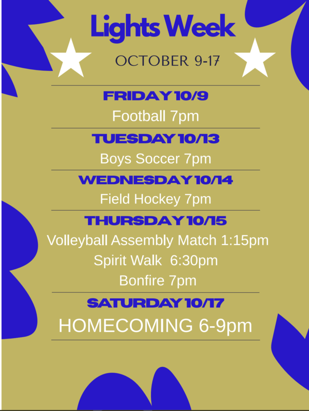 A blue and gold image of the Lights Week Games - schedule is found on GranvilleCSD.org/events for 10/9 - 10/17
