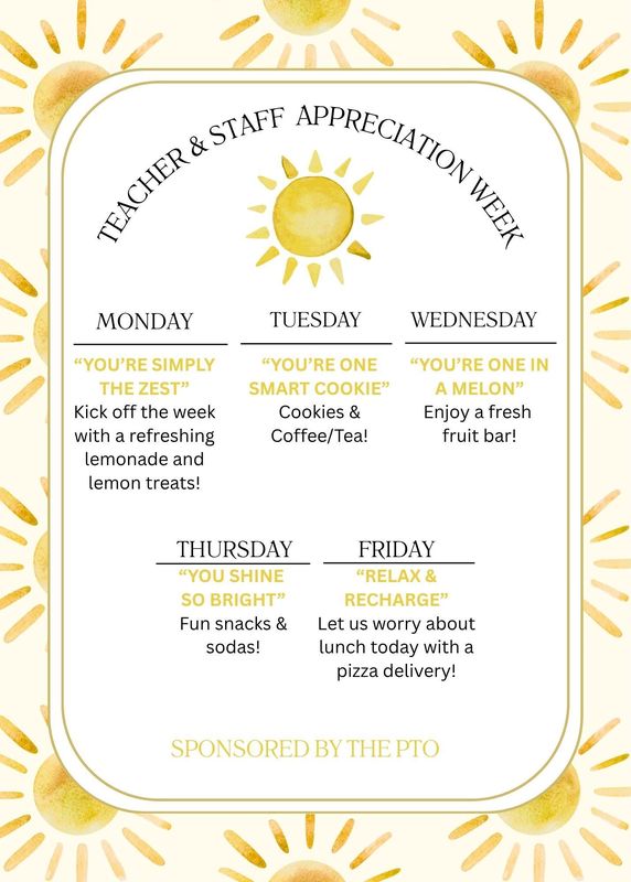 Teacher and Staff Appreciation Week is 5/4 - 5/8 with support from the Granville PTO - Daily snacks and treats delivered to staff. Feel free to participate and send in a note of appreciation to your classroom teacher or staff member. Thank you!