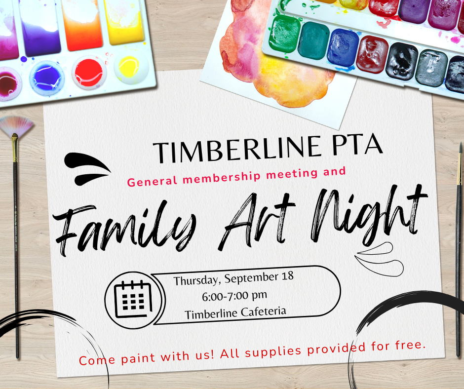 Decorative banner showing painting supplies and with text highlights of Family Art Night