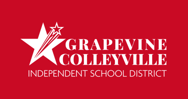 White Grapevine-Colleyville ISD logo on red background
