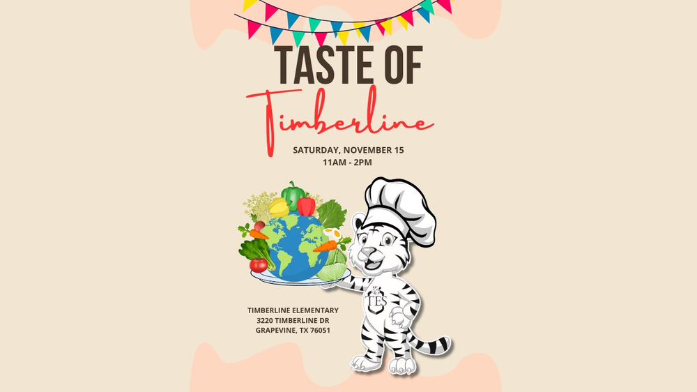 A banner of a white tiger cartoon holding a plate with planet earth and various foods with the text Taste of Timberline