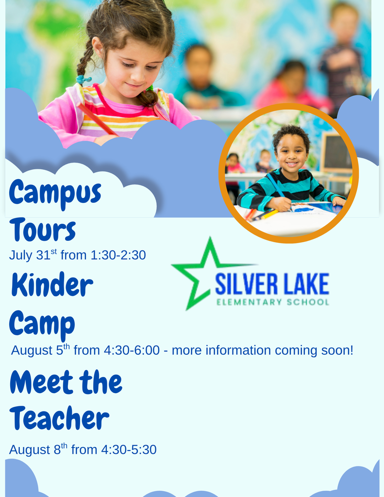 Campus Tours July 31st 1:30-2:30, Kinder Camp August 5th from 4:30-6:00 - more information to come soon, Meet the Teacher August 8th from 4:30-5:30 Silver Lake Elementary Girl and boy coloring in classroom