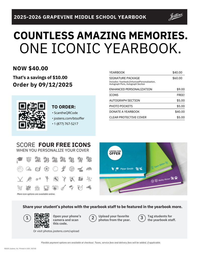 Countless amazing memories. One iconic yearbook. now $40.00. Thats a savings of $10.00. Order by 9/12/2025.