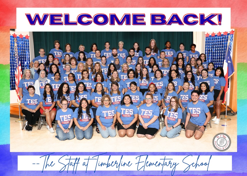 Timberline staff picture with all members wearing matching blue shirts. A banner says "Welcome Back"