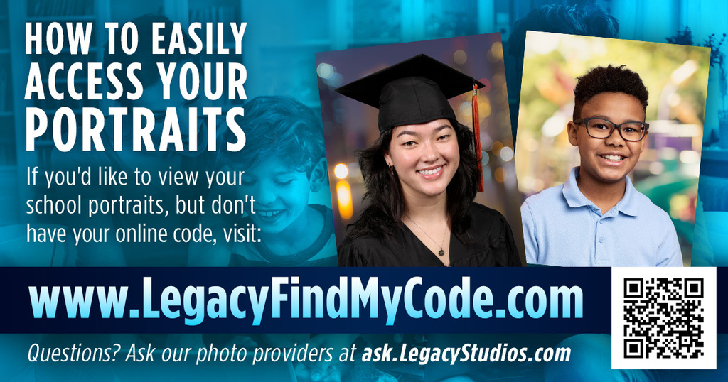 How to access your portraits. If you'd like to view your school portraits, but don't have your online code, visit: www.legacyfindmycode.com . Questions? Ask our photo providers at ask.legacystudios.com .