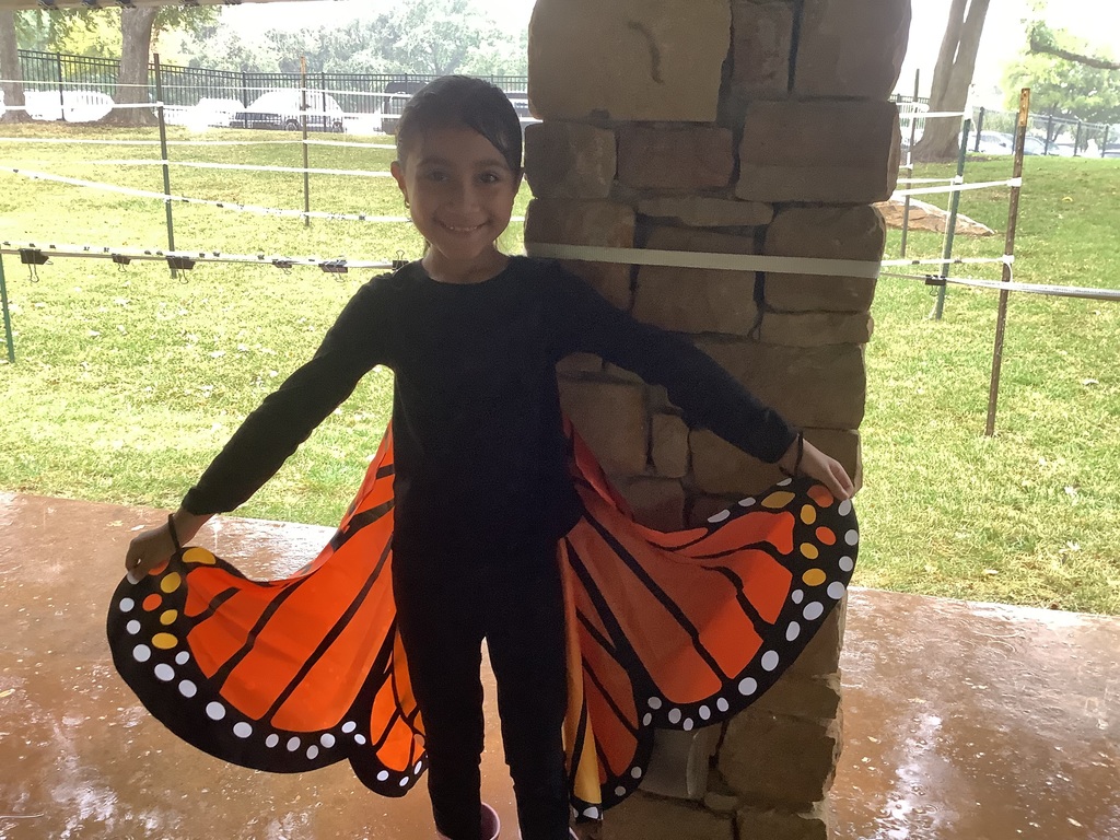 A girl shows her butterfly costume's wings.