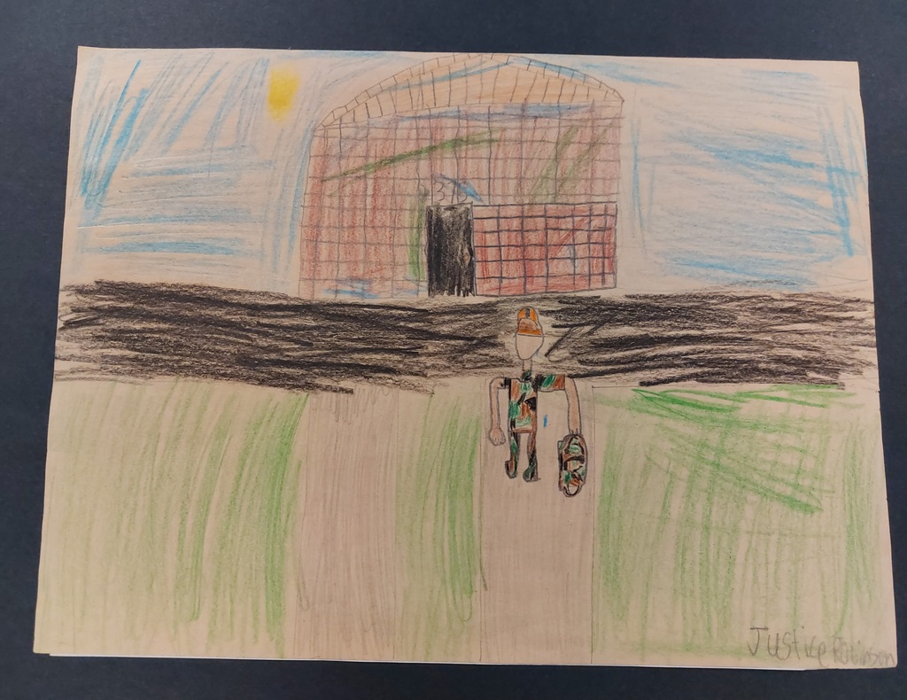 Student art of a service member returning home.