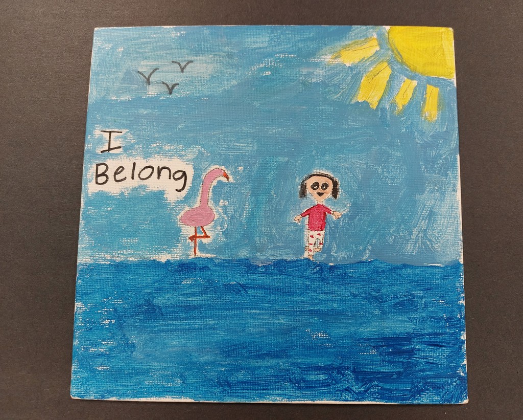 Student art depicting a dancer and a flamingo doing the same pose.