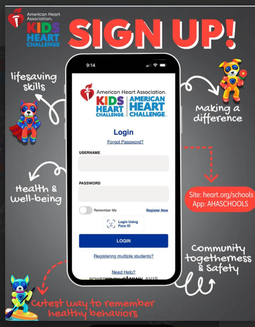 Graphic for Kids Heart Challenge, picture of a cell phone screen with a log in screen, animated characters encouraging you to sign up