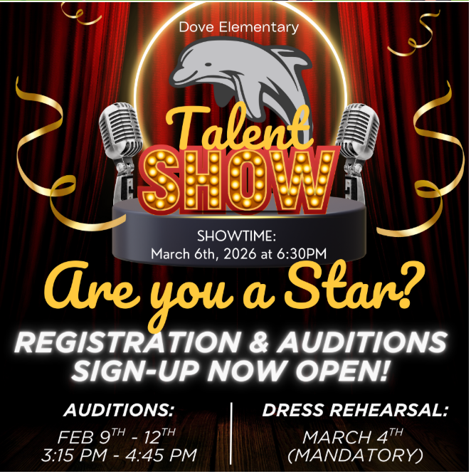 Dark red background with a cartoon dolphin on a stage wording "Are you a star?" in yellow letters and yellow streamers