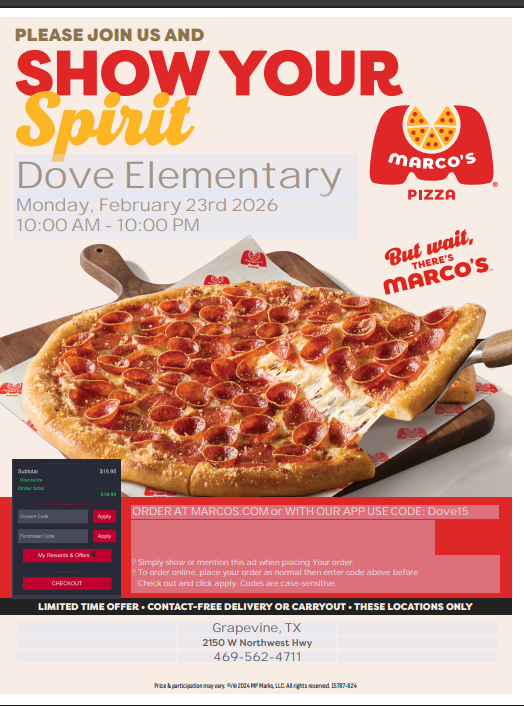 Ivory background with red and yellow lettering, Marco's pizza logo and a pepperoni pizza 
