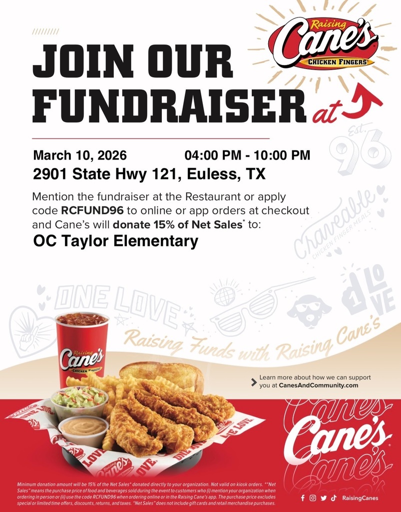 Cane's Fundraising to support OCT on March 10th from 4pm to 10pm