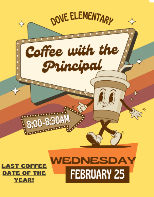 Yellow background with brown lettering, green, orange, yellow, and red stripes across the middle. Cup of coffee with arms and legs whistling