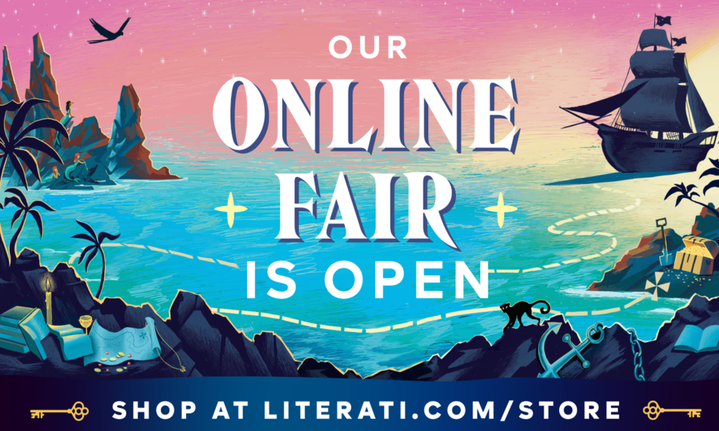 Online book fair flier, image is a pirate ship on a blue ocean with a pink sky, there are treasures along the coastline, white writing