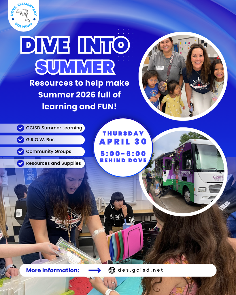 blue background, blue and black writing, two circles with pictures, one a mom and her three kids standing with the principal smiling, the other is a bus, picture at the bottom is a teacher handing out papers to a student